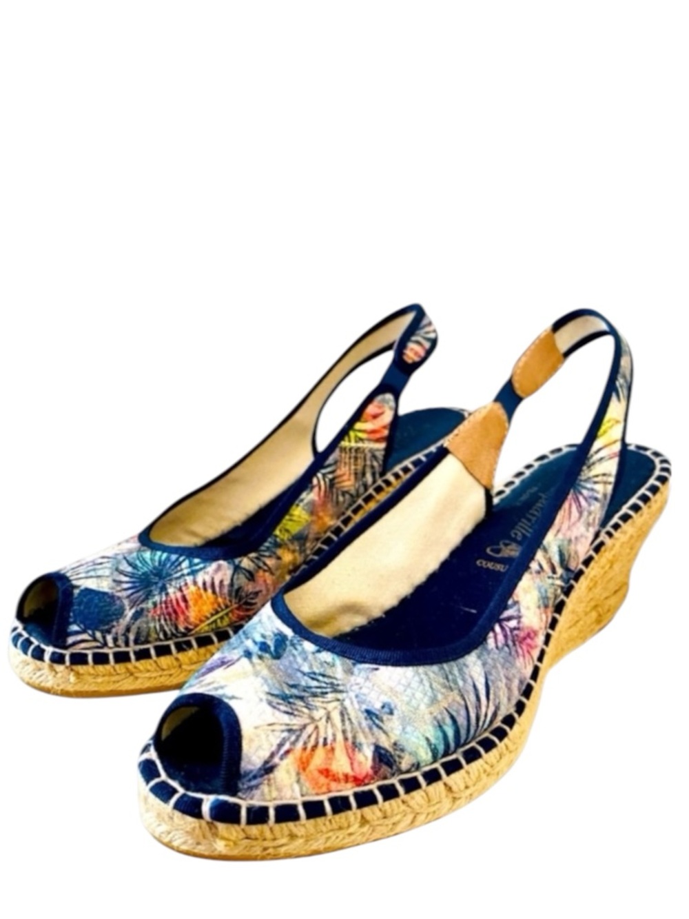 La Maison De L'Espadrille Shoe Wedge Blue Floral Sz 40 US Sz9 Open Toe Slingback